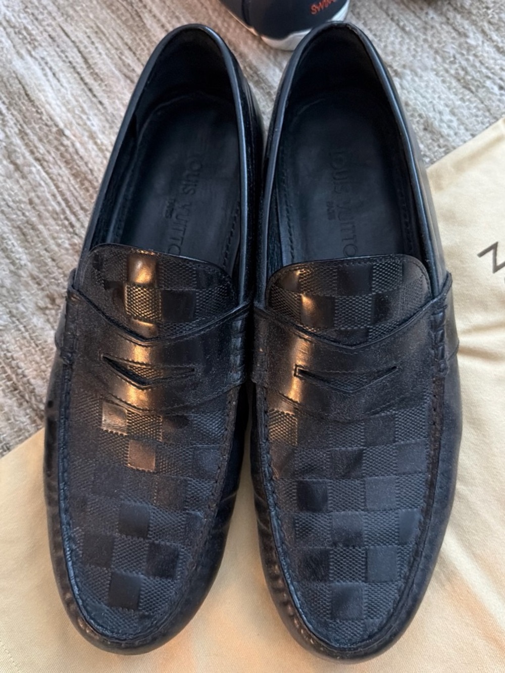 Louis Vuitton Black Men's Penny Loafers with Checkered Pattern - Picture 2 of 3